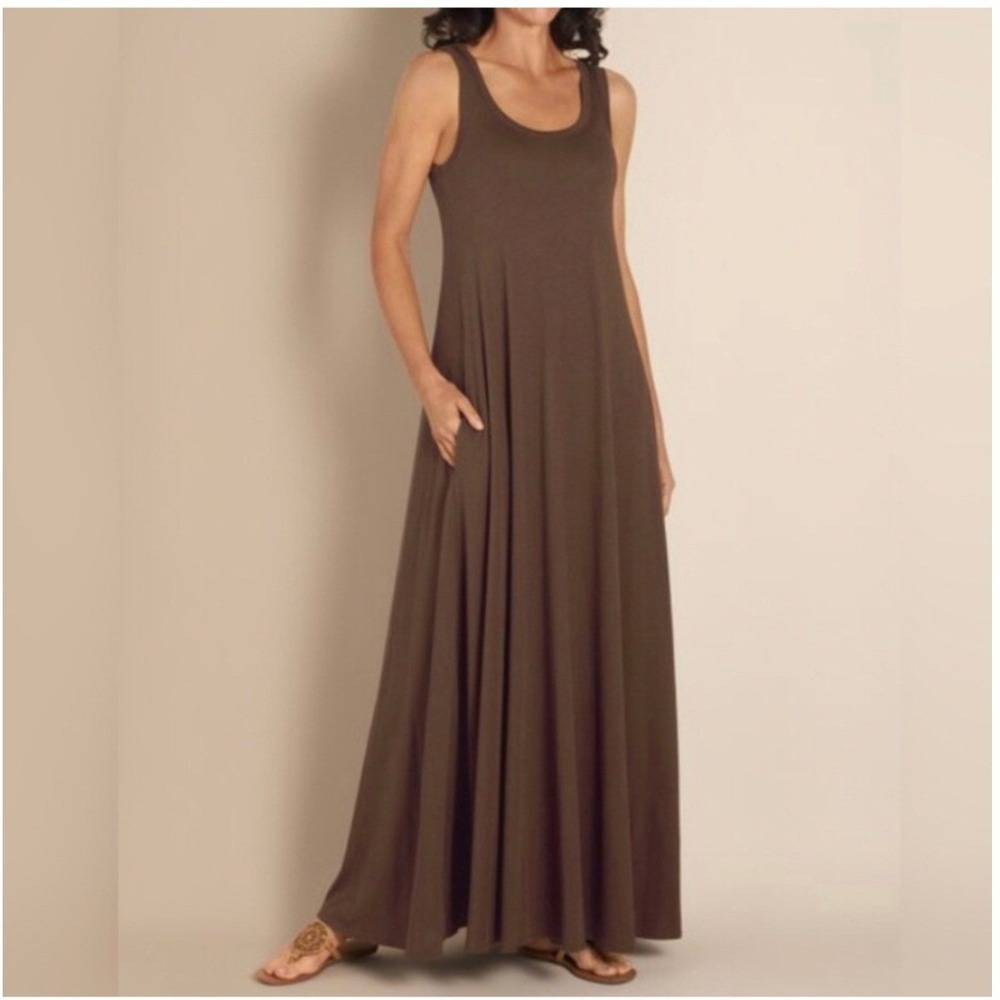 Soft Surroundings Brown Cotton Modal Sleeveless Maxi Dress Pockets Petite Large